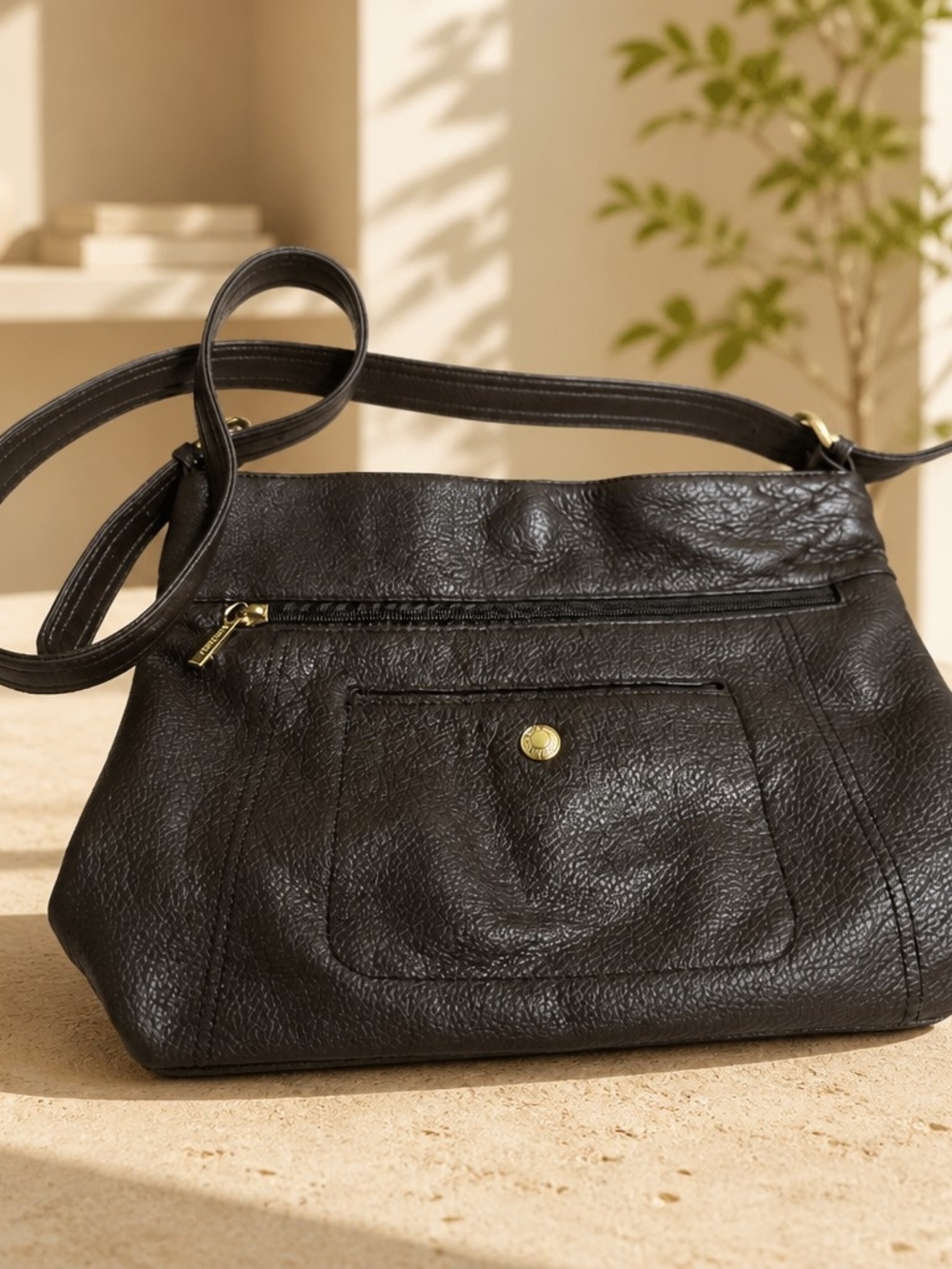 Stone & Co. Black Shoulder Bag with Front Pocket and Gold Accent